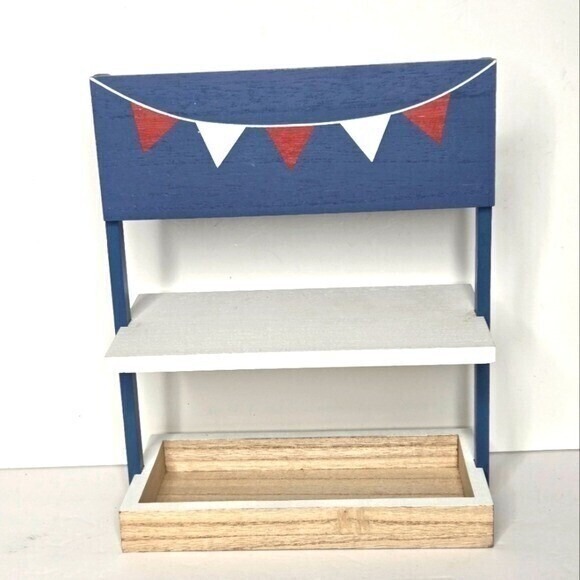 Patriotic Americana Wood Tiered Tray Stand Red White & Blue Shelf with Bunting - Picture 1 of 14